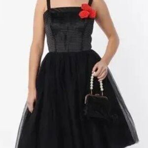 Unique Vintage - Black Tulle 1950s Swing Dress with Red Rosettes (Size 3X/20)